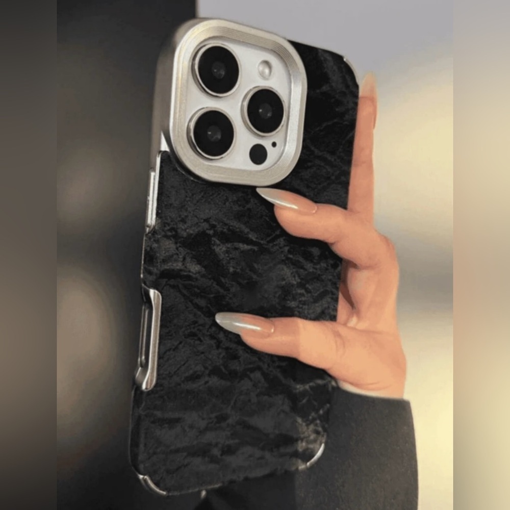 iPhone 16 Pro Max Case – Crushed Velvet Texture,Silver Frame,Luxe & Minimalist